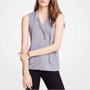 Ann Taylor Tie Neck Button Front in Chatham Grey